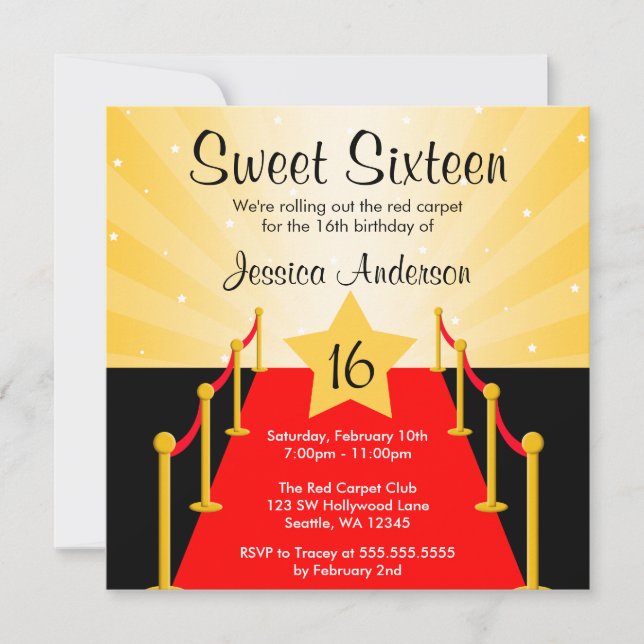 Invitation Red Carpet Hollywood Sweet 16 Anniversaire (Devant)