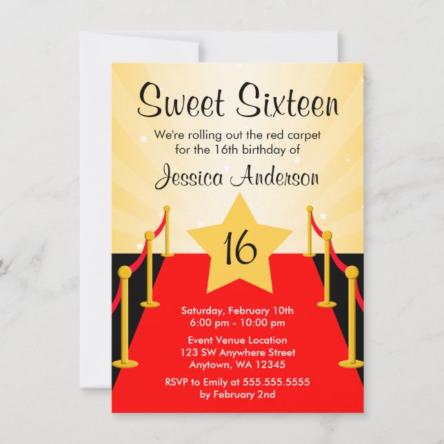 Invitation Red Carpet Hollywood Sweet 16 Anniversaire (Devant)