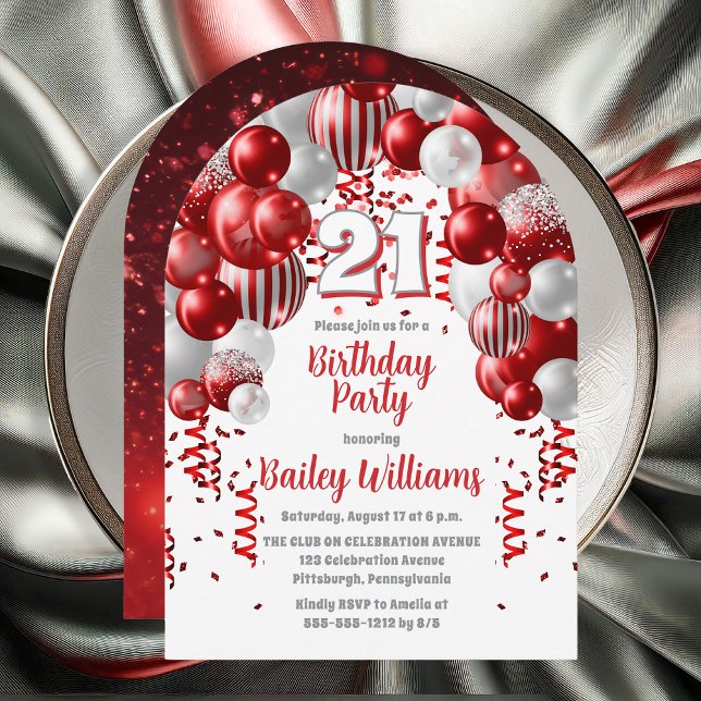 Invitation Red Celebration Balloons 21e fête d'anniversaire (Red | Silver Balloons "21" 21st Birthday Party Invitations - Print and/or Download Available)