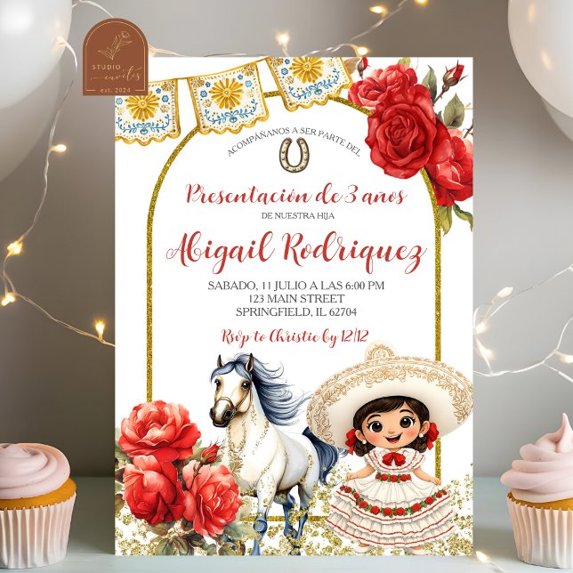 Invitation Red Charra Rose Girl Presentacion de 3 anos Invita (Créateur téléchargé)