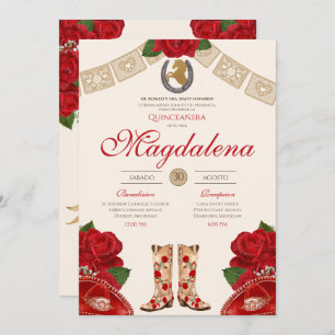 Invitation Red Charro Mariachi Rose occidental Quinceanera