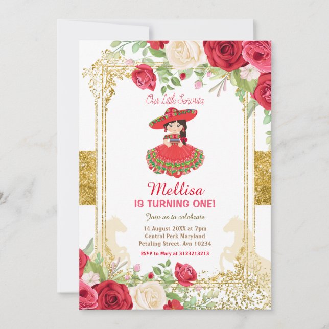 Invitation Red Charro Roses et Gold Mexican Birday  (Devant)