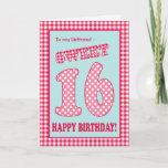 Invitation Red Check Polkas<br><div class="desc">Sweet 16th Birthday Card for a Girlfriend,  with a pretty,  retro feel. The letters,  numbers and border are in red and white check gingham and polka dots on sky blue background. Tu peux changer le message.</div>