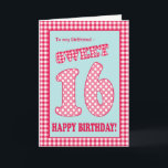 Invitation Red Check Polkas<br><div class="desc">Sweet 16th Birthday Card for a Girlfriend, with a pretty, retro feel. The letters, numbers and border are in red and white check gingham and polka dots on sky blue background. Tu peux changer le message.</div>
