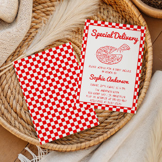 Invitation Red Checkered Special Delivery Pizza Baby Shower