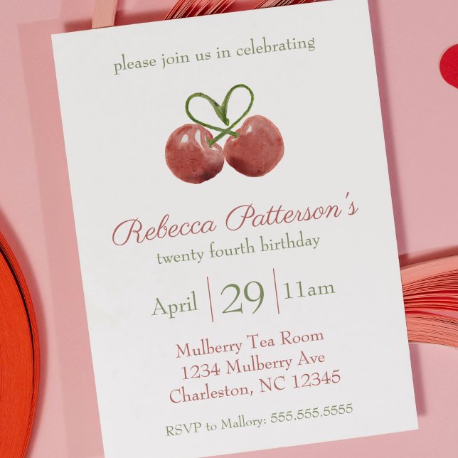 Invitation Red Cherry Coquette Aquarelle fête d'anniversaire (cherry coquette aesthetic heart birthday party invitation cute watercolor cherry first birthday )