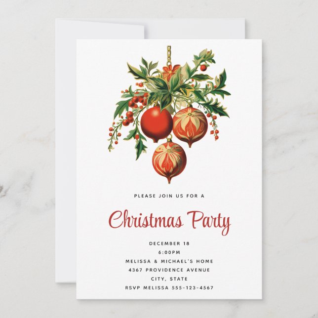 Invitation Red Christmas Baubles avec Holly Festive (Devant)