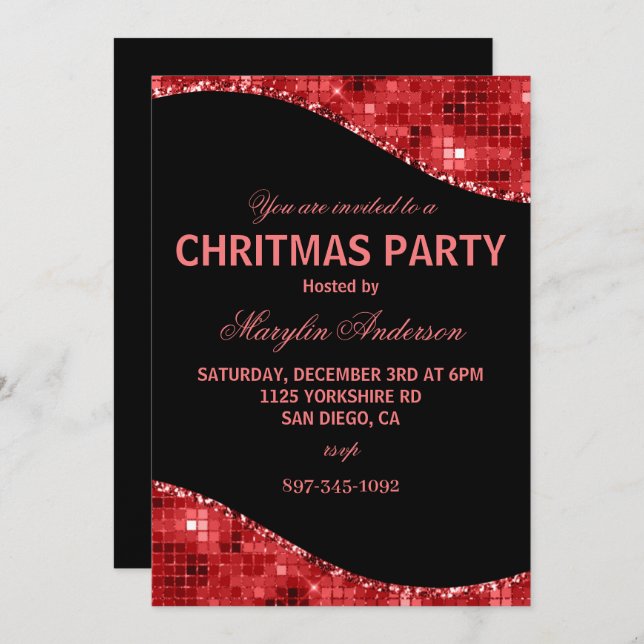 INVITATION RED CHRISTMAS DISCO SHIMMER PERSONNALISÉ (Devant / Derrière)