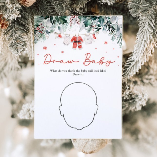 Invitation Red Christmas Père Noël Baby shower Draw Baby Jeu (Watercolor Red Christmas Santa Baby Shower Draw Baby Game)
