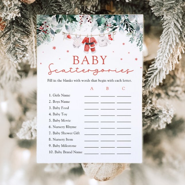 Invitation Red Christmas Père Noël Baby shower Scattergories  (Watercolor Cute Red Christmas Santa Baby Shower Scattergories Game)