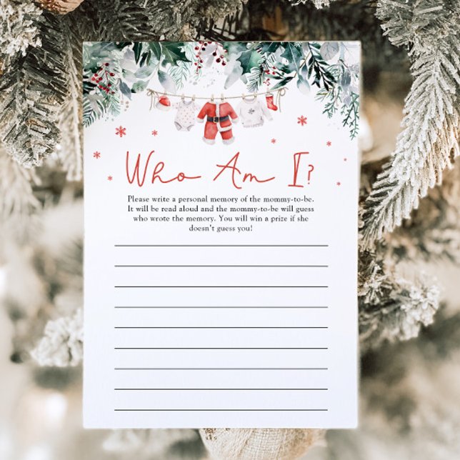 Invitation Red Christmas Père Noël Who Am I Baby shower Game (Watercolor Red Christmas Santa Who Am I Baby Shower Game)