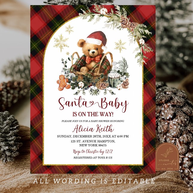 Invitation Red Christmas Tartan Cozy Santa Bear Baby Shower (Créateur téléchargé)