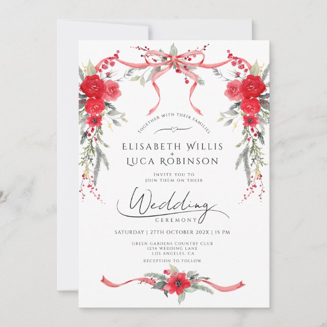 Invitation Red Christmas Winter Bow Coquette Ribbon Mariage (Devant)