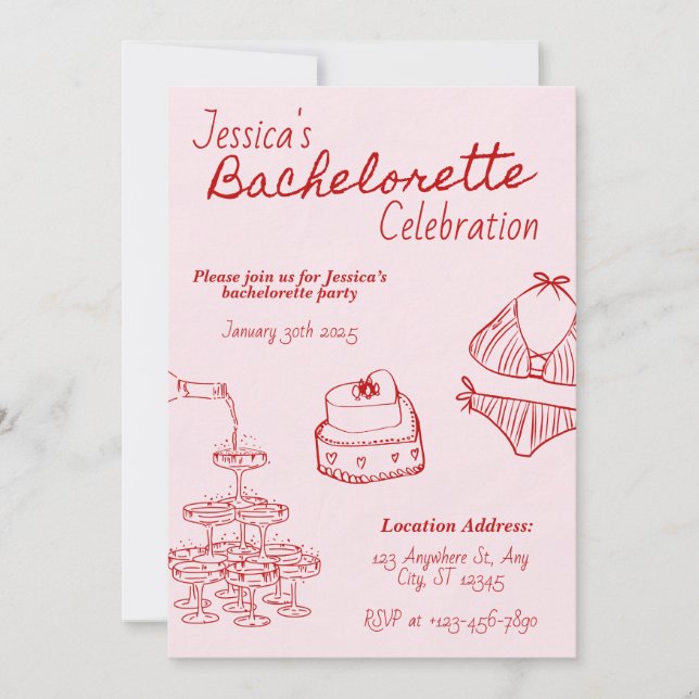 Invitation Red Cocktail Bachelorette Party (Devant)
