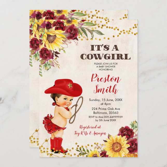 Invitation Red Cowgirl Brown Rose cheveux et Baby shower de t (Devant / Derrière)