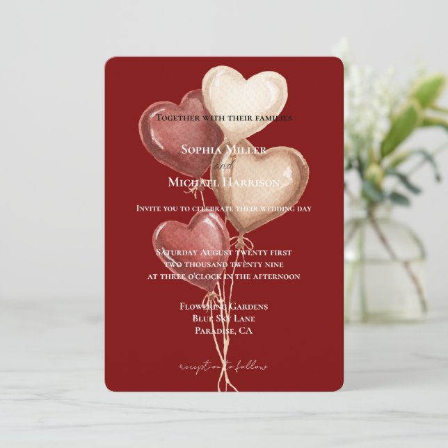 Invitation Red Cream Heart Balloons Wedding (Debout devant)
