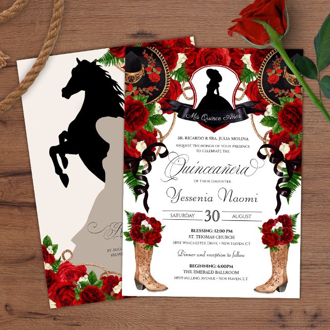 Invitation Red Crest Charro Roses occidentaux Floral Quincean (Créateur téléchargé)
