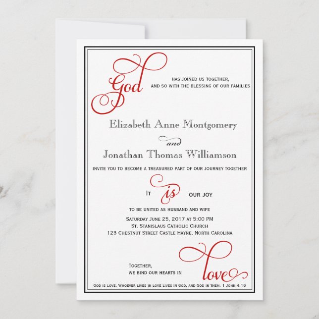 Invitation Red Curly Script Dieu est Amour Mariage chrétien (Devant)