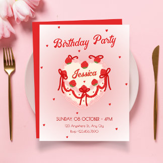 Invitation Red cute heart birthday cake 