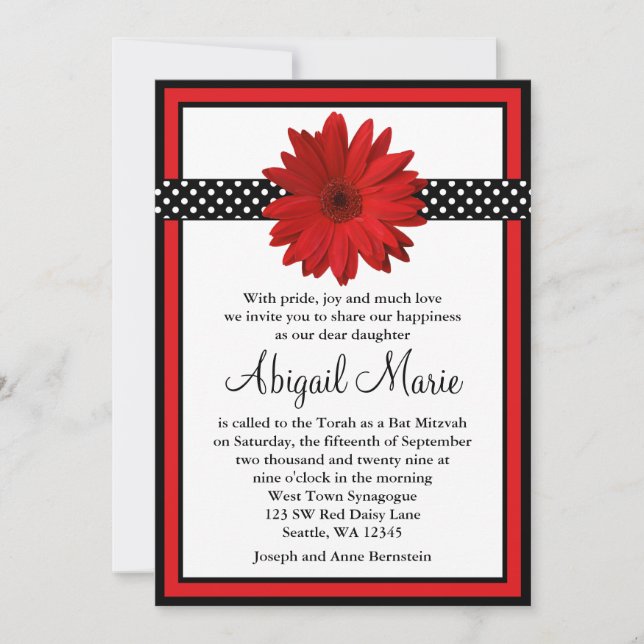 Invitation Red Daisy Black Pois Bat mitzvah (Devant)