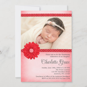 Invitation Red Daisy Sparkle Photo Baptême Christening