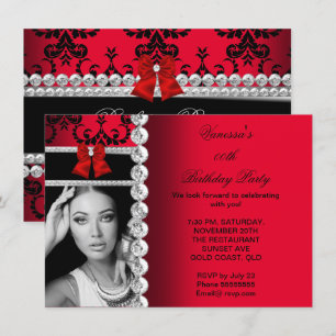 Invitation Red Damask Black Jewel Bow Photo Anniversaire
