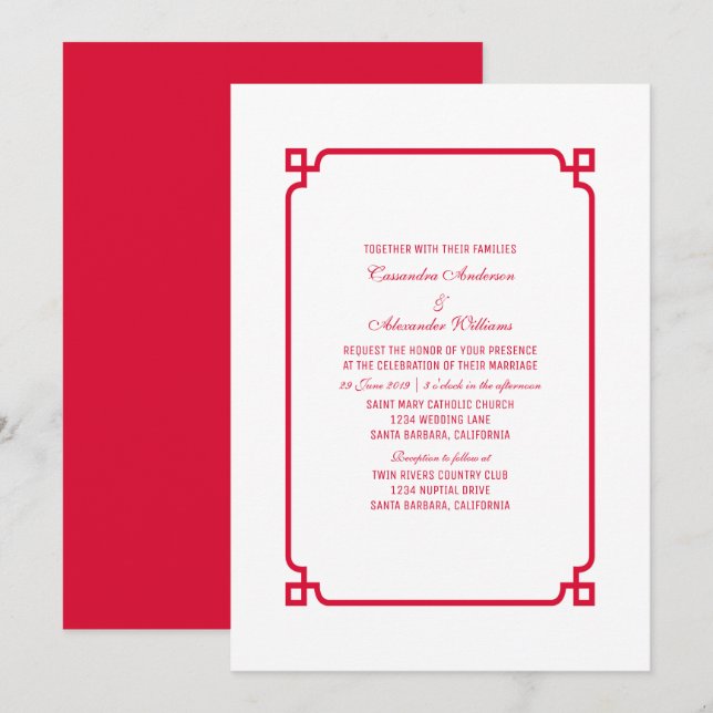 Invitation Red Deco Chic Wedding (Devant / Derrière)