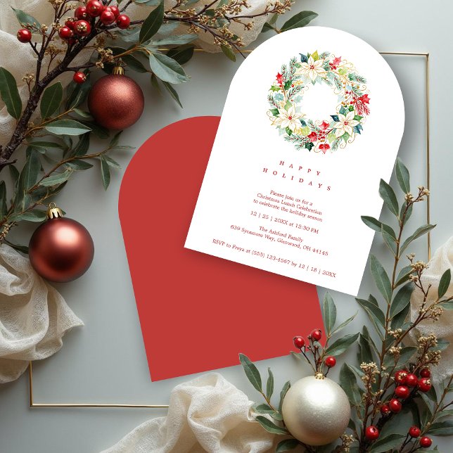 Invitation Red Delicate Chic Winter Christmas Wreath Party (Delicate Chic Winter Christmas Wreath Holiday Party Invitations Cards in Digital Watercolor Style. )