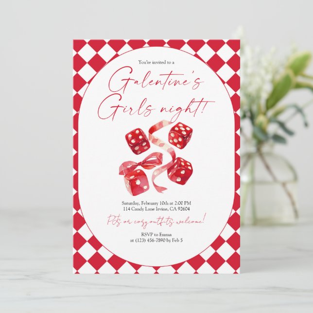 Invitation Red Dice & Ribbon Galentine’s Girls Night Party (Debout devant)