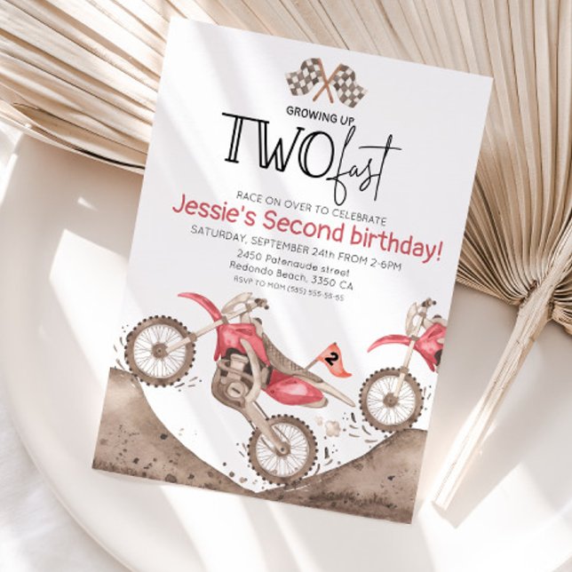 Invitation Red Dirt Bike 2nd birthday - Growing up two fast (Red dirt bike birthday invitation, growing up two fast)