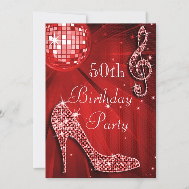 Invitation Red Disco Ball and Sparkle Heels 50e anniversaire (Devant)