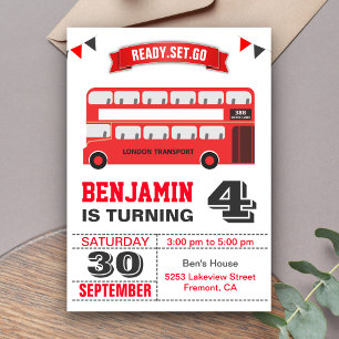 Invitation Red Double Decker London Bus Anniversaire de enfan