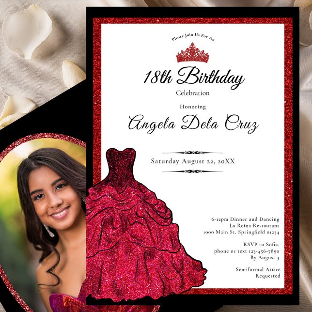 Invitation Red Dress and Tiara 18th Birthday Debut (Créateur téléchargé)