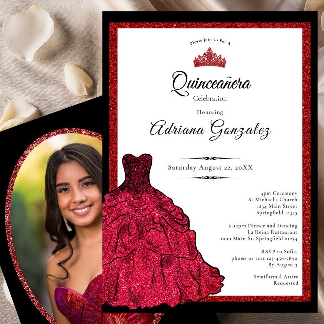 Invitation Red Dress and Tiara Custom Photo Quinceanera (Créateur téléchargé)