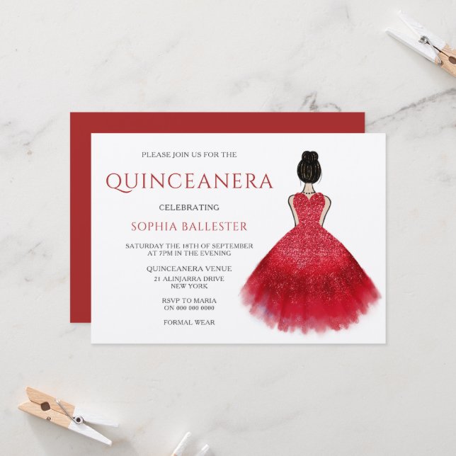 Invitation Red Dress Gown Wonderland Quinceanera Party (Devant/Arrière en situation)