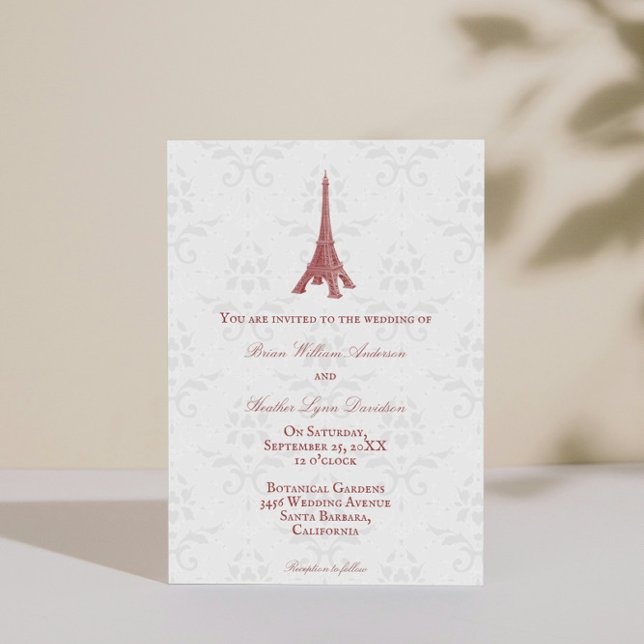 Invitation Red Eiffel Tower Mariage damassé (Red Eiffel Tower Damask Wedding Invitation)