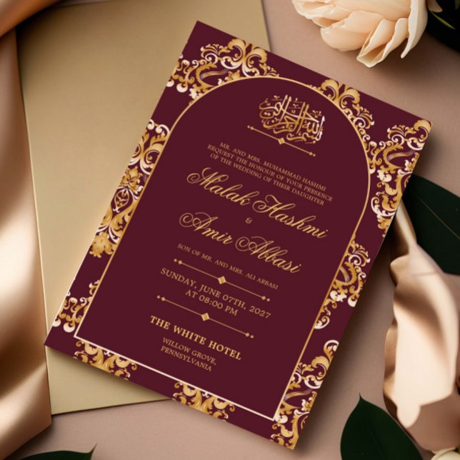Invitation Red Elegant Motif Gold Musulman Mariage musulman i (Créateur téléchargé)