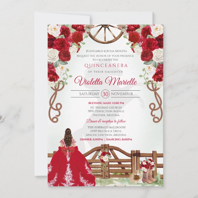 Invitation Red Elegant Rustic Western Charro Quinceanera V5 (Devant)