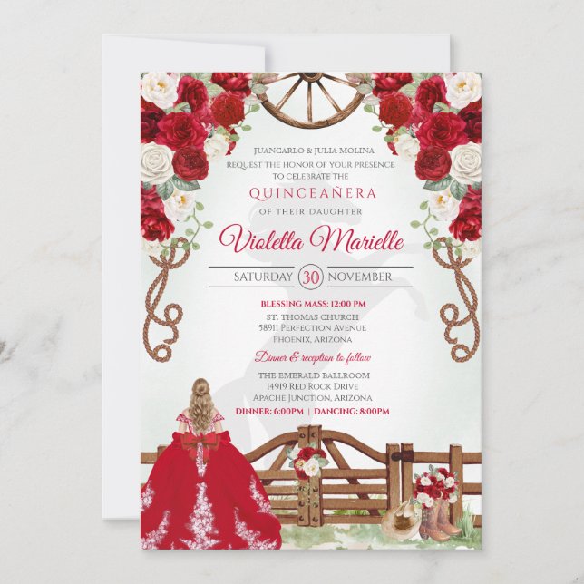 Invitation Red Elegant Rustic Western Charro Quinceanera V7 (Devant)