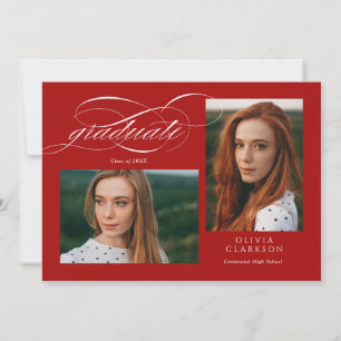 Invitation Red Elegant Script 3 Photo Graduation Party