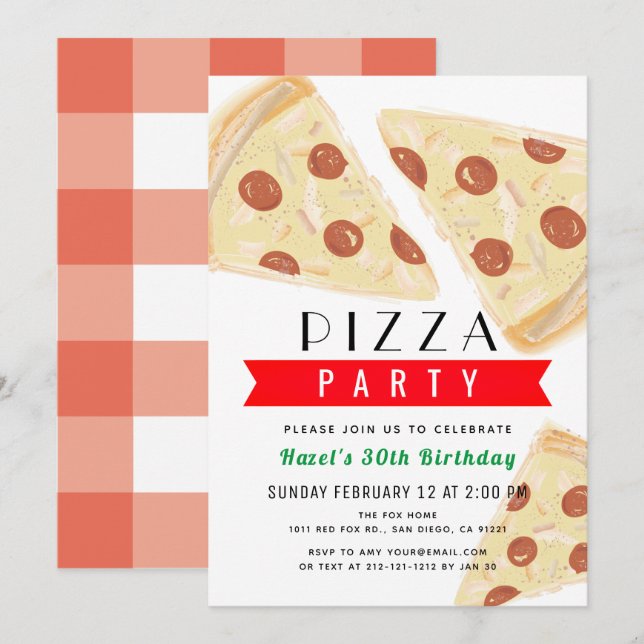 Invitation Red En vichy Adulte Pizza Party Anniversaire (Devant / Derrière)