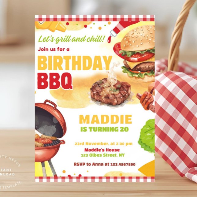 Invitation Red En vichy Bbq Barbecue Anniversaire Fête Invita (bbq birthday invitation, barbecue invitation, cookout birthday party invite, red gingham, summer bbq)