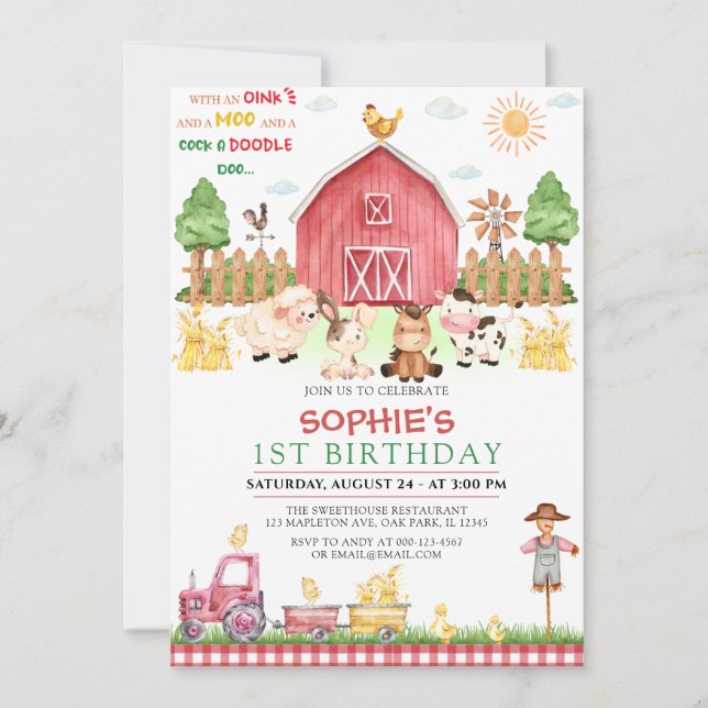 Invitation Red En vichy Farm Animaux Barnyard Anniversaire (Devant)