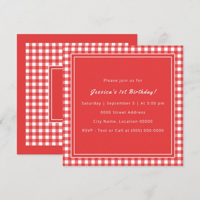 Invitation Red En vichy Monogram fête d'anniversaire (Devant / Derrière)