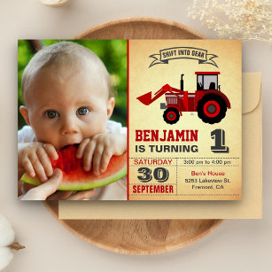 Invitation Red Farm Tractor Photo 1er fête d'anniversaire