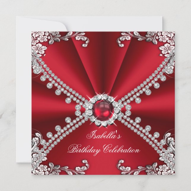 Invitation Red Faux Diamond Jewel Floral Anniversaire (Devant)