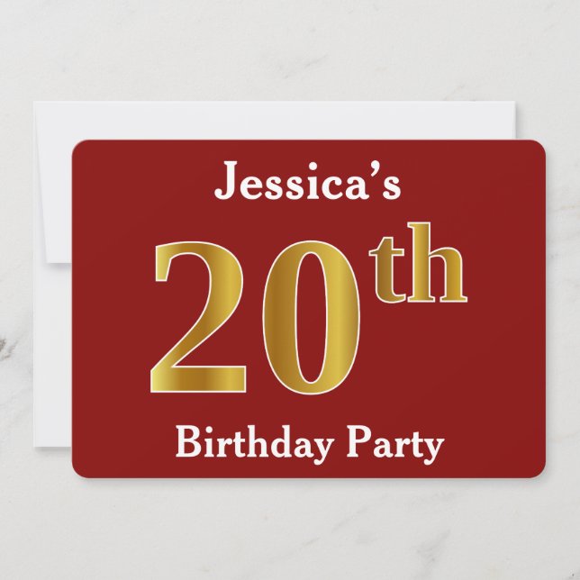 Invitation Red, Faux Gold 20th Birthday Party + Nom personnal (Devant)