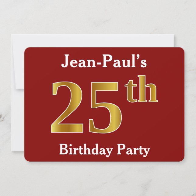 Invitation Red, Faux Gold 25th Birthday Party + Nom personnal (Devant)