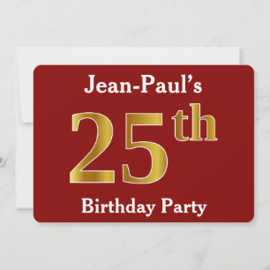 Invitation Red, Faux Gold 25th Birthday Party + Nom personnal