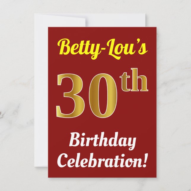 Invitation Red, Faux Gold 30th Birthday Celebration + Nom (Devant)